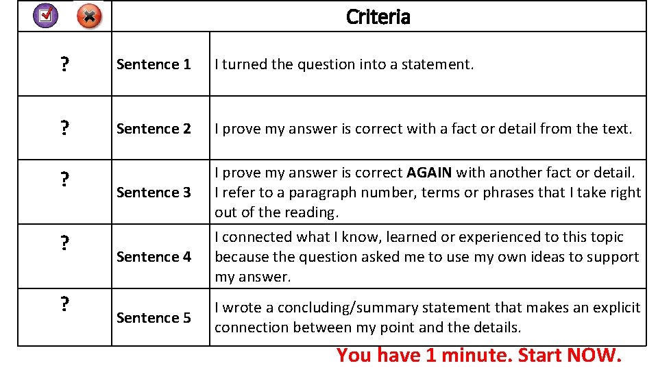 Criteria ? Sentence 1 I turned the question into a statement. ? Sentence 2