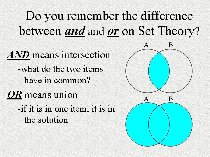 Do you remember the difference between and or on Set Theory? A B AND