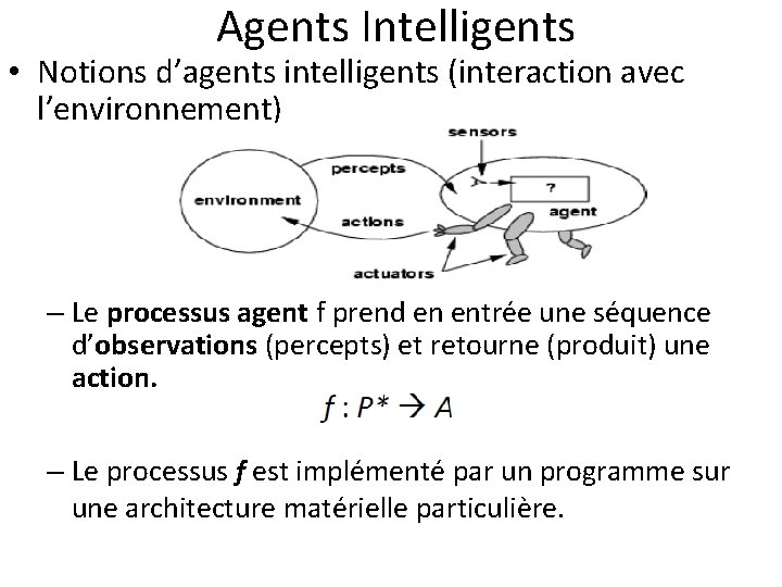  Agents Intelligents • Notions d’agents intelligents (interaction avec l’environnement) – Le processus agent