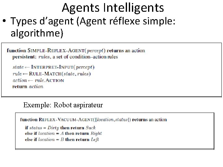  Agents Intelligents • Types d’agent (Agent réflexe simple: algorithme) Exemple: Robot aspirateur 