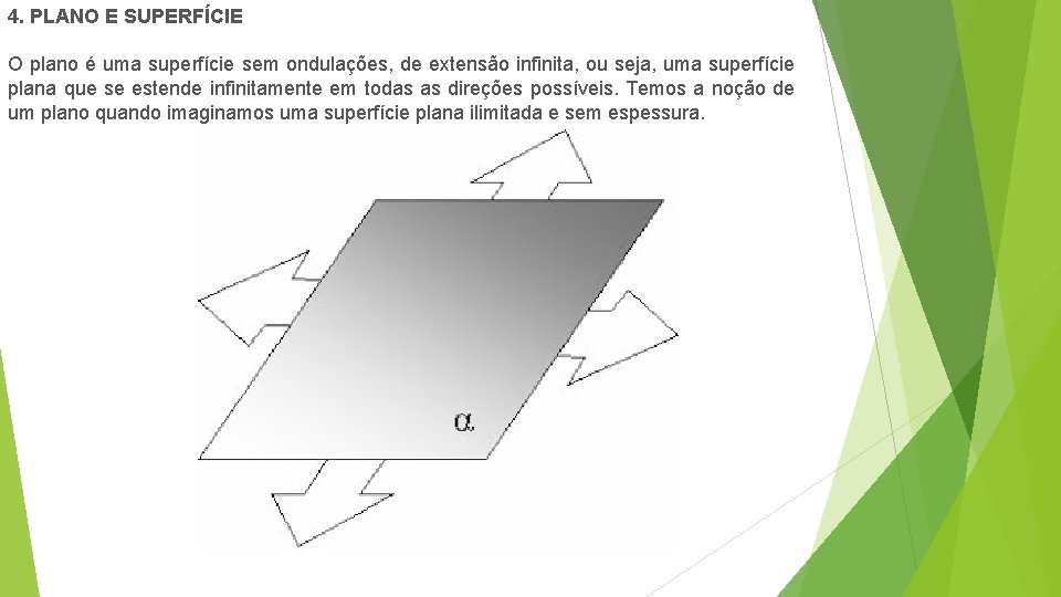 4. PLANO E SUPERFÍCIE O plano é uma superfície sem ondulações, de extensão infinita,