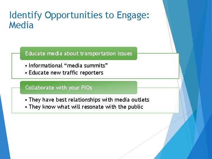 Identify Opportunities to Engage: Media Educate media about transportation issues • Informational “media summits”