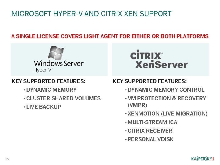 MICROSOFT HYPER-V AND CITRIX XEN SUPPORT A SINGLE LICENSE COVERS LIGHT AGENT FOR EITHER
