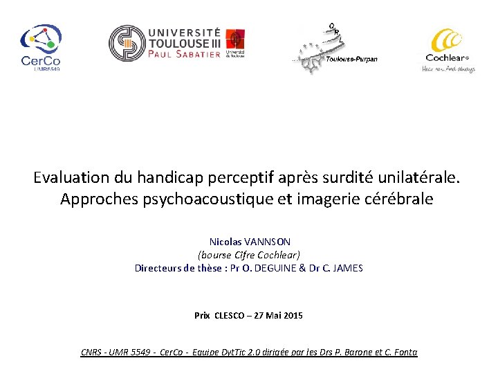 Evaluation du handicap perceptif après surdité unilatérale. Approches psychoacoustique et imagerie cérébrale Nicolas VANNSON