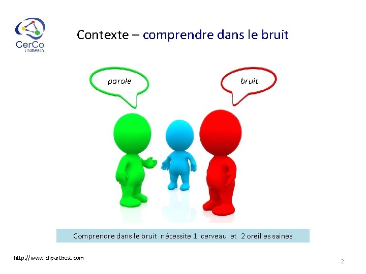 Contexte – comprendre dans le bruit parole bruit Comprendre dans le bruit nécessite 1