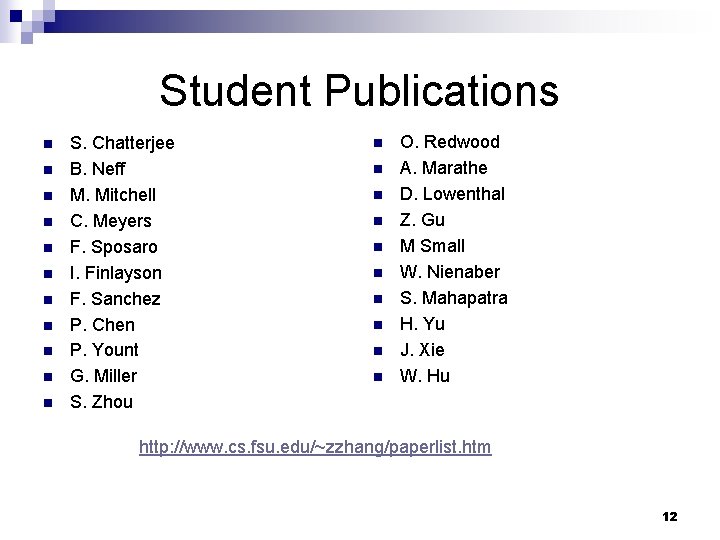 Student Publications n n n S. Chatterjee B. Neff M. Mitchell C. Meyers F.