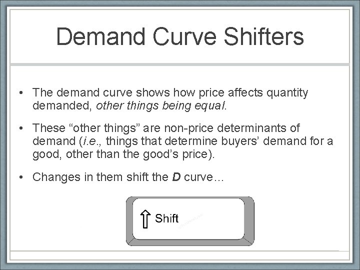 Demand Curve Shifters • The demand curve shows how price affects quantity demanded, other