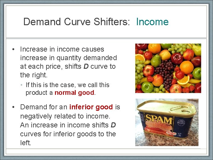 Demand Curve Shifters: Income • Increase in income causes increase in quantity demanded at