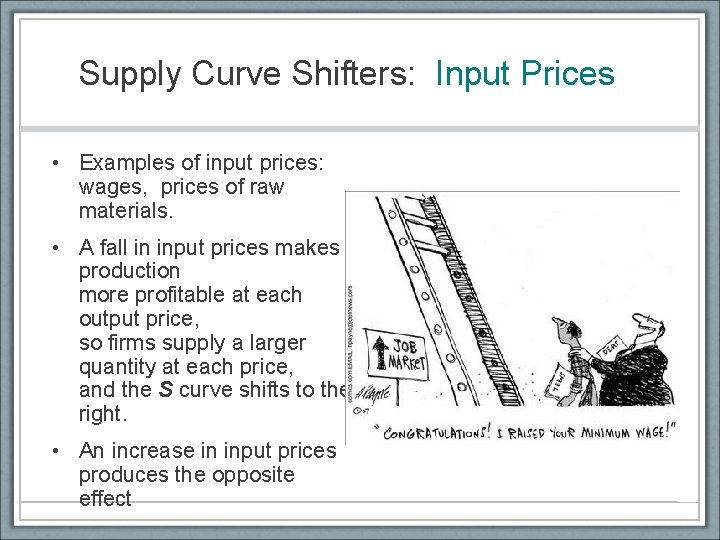 Supply Curve Shifters: Input Prices • Examples of input prices: wages, prices of raw