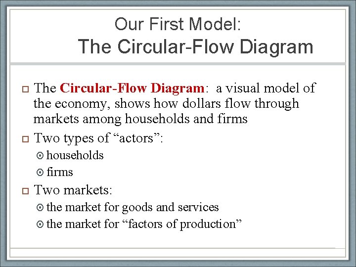 Our First Model: The Circular-Flow Diagram: a visual model of the economy, shows how