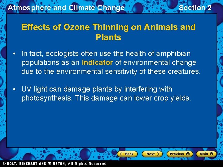 Atmosphere and Climate Change Section 2 Effects of Ozone Thinning on Animals and Plants