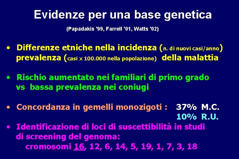 Evidenze per una base genetica (Papadakis '99, Farrell '01, Watts '02) • Differenze etniche
