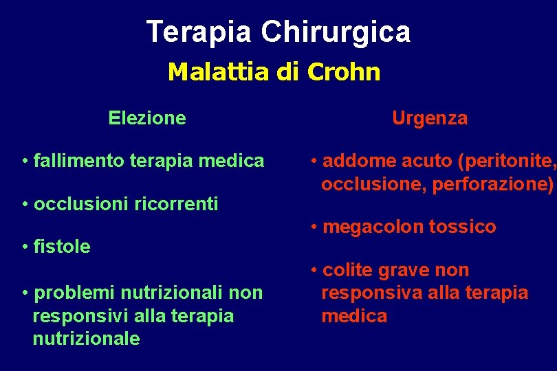 Terapia Chirurgica Malattia di Crohn Elezione • fallimento terapia medica • occlusioni ricorrenti •