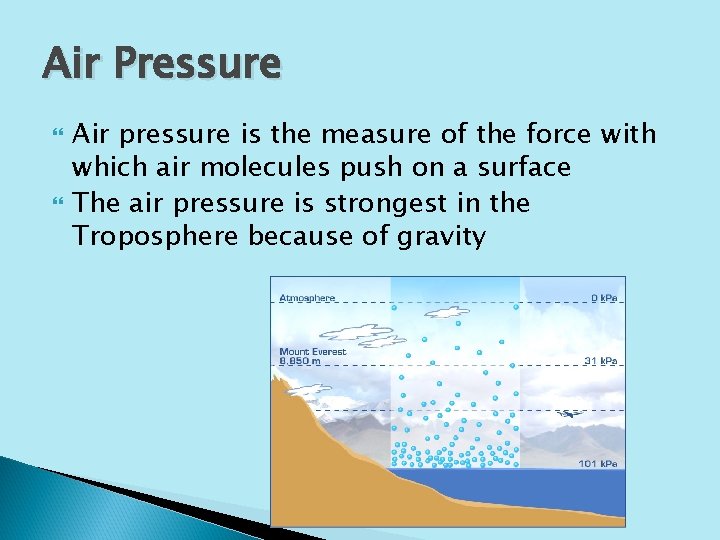 Air Pressure Air pressure is the measure of the force with which air molecules
