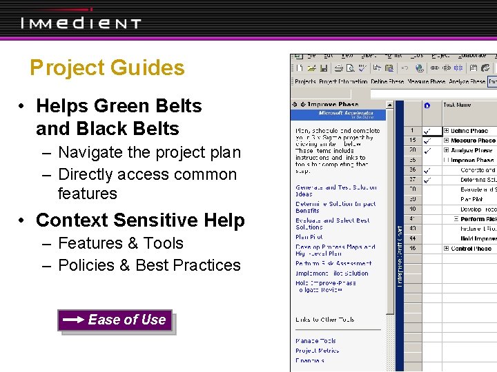 Project Guides • Helps Green Belts and Black Belts – Navigate the project plan