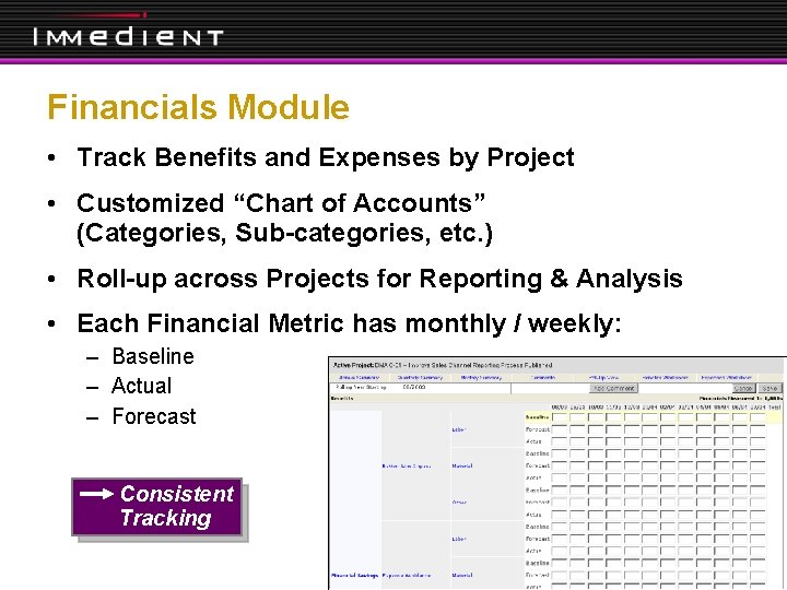Financials Module • Track Benefits and Expenses by Project • Customized “Chart of Accounts”