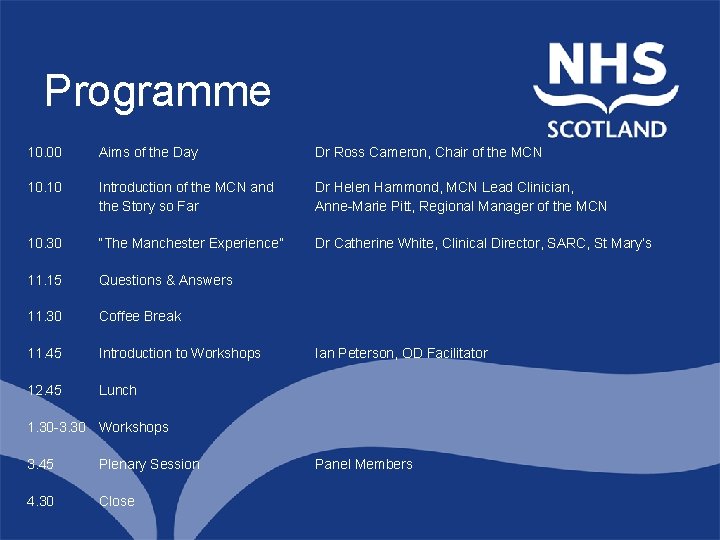 Programme 10. 00 Aims of the Day Dr Ross Cameron, Chair of the MCN