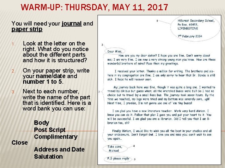 WARM-UP: THURSDAY, MAY 11, 2017 You will need your journal and paper strip 1. WARM-UP: THURSDAY, MAY 11, 2017 You will need your journal and paper strip 1.