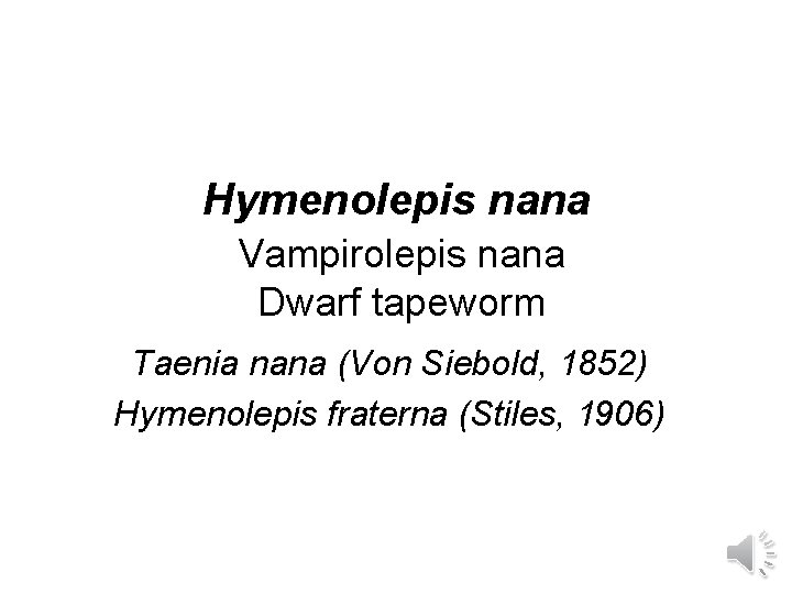 Hymenolepis nana Vampirolepis nana Dwarf tapeworm Taenia nana (Von Siebold, 1852) Hymenolepis fraterna (Stiles,