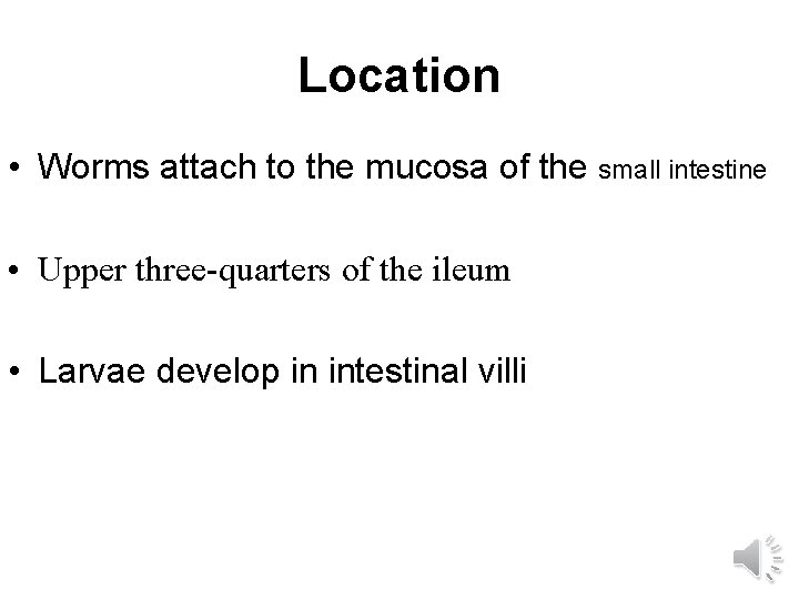 Location • Worms attach to the mucosa of the small intestine • Upper three-quarters