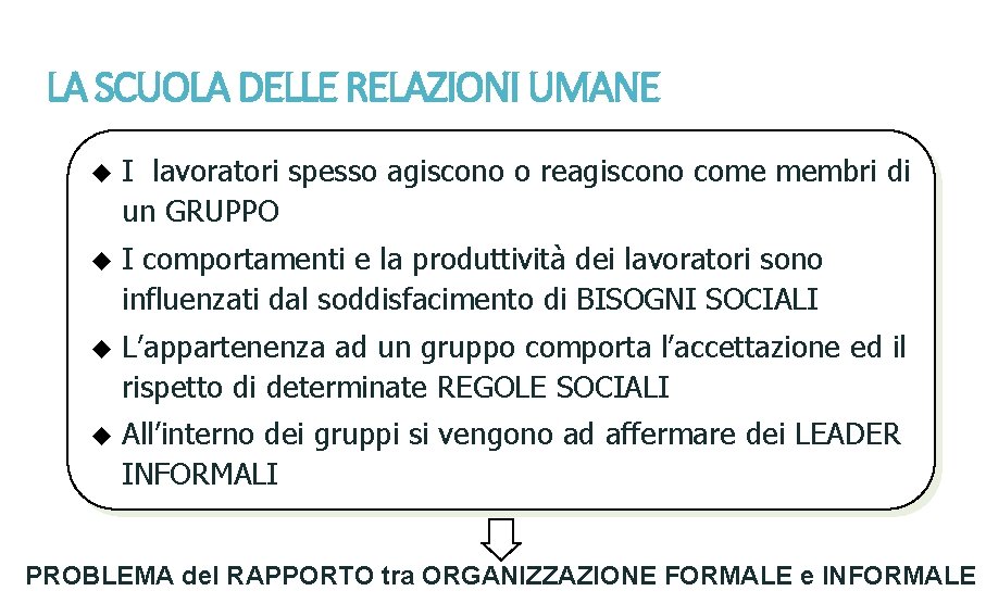 LA SCUOLA DELLE RELAZIONI UMANE u I lavoratori spesso agiscono o reagiscono come membri