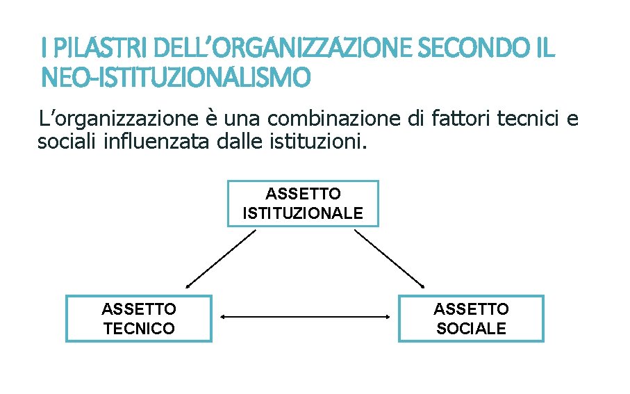 I PILASTRI DELL’ORGANIZZAZIONE SECONDO IL NEO-ISTITUZIONALISMO L’organizzazione è una combinazione di fattori tecnici e