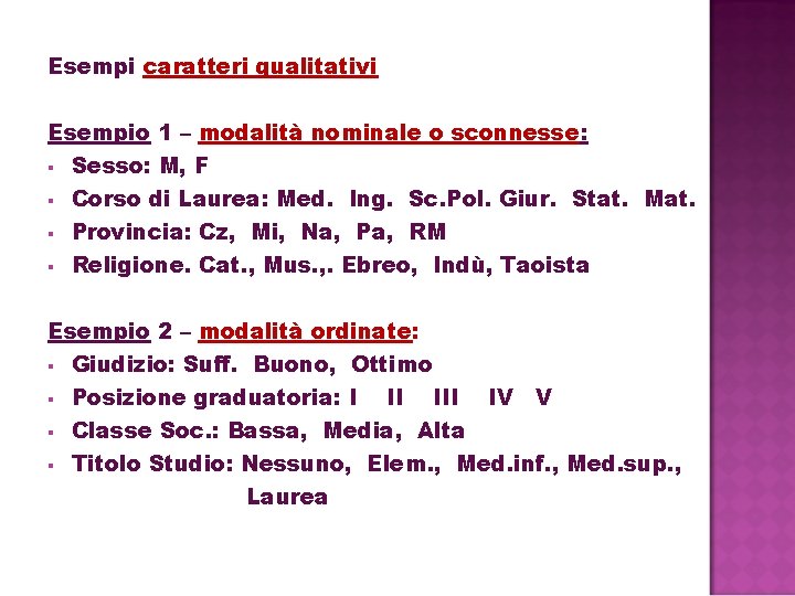 Esempi caratteri qualitativi Esempio 1 – modalità nominale o sconnesse: § Sesso: M, F Esempi caratteri qualitativi Esempio 1 – modalità nominale o sconnesse: § Sesso: M, F