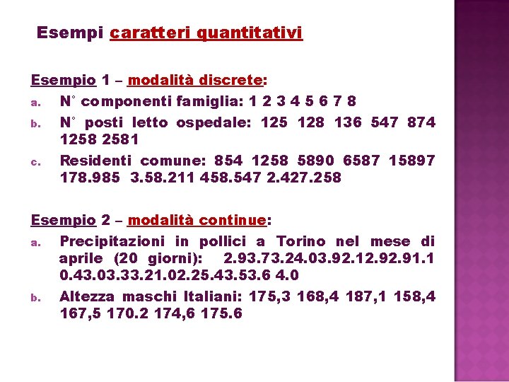 Esempi caratteri quantitativi Esempio 1 – modalità discrete: a. N° componenti famiglia: 1 2 Esempi caratteri quantitativi Esempio 1 – modalità discrete: a. N° componenti famiglia: 1 2