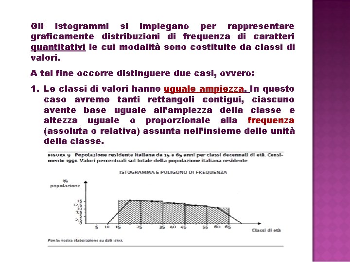 Gli istogrammi si impiegano per rappresentare graficamente distribuzioni di frequenza di caratteri quantitativi le Gli istogrammi si impiegano per rappresentare graficamente distribuzioni di frequenza di caratteri quantitativi le