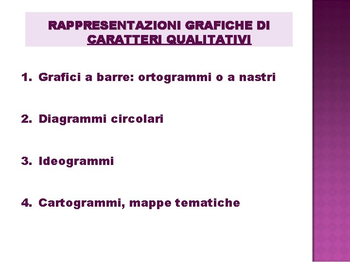 RAPPRESENTAZIONI GRAFICHE DI CARATTERI QUALITATIVI 1. Grafici a barre: ortogrammi o a nastri 2. RAPPRESENTAZIONI GRAFICHE DI CARATTERI QUALITATIVI 1. Grafici a barre: ortogrammi o a nastri 2.