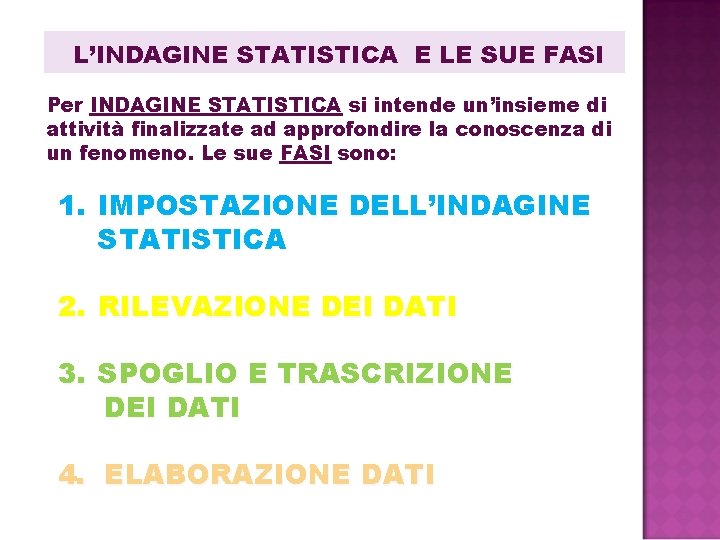L’INDAGINE STATISTICA E LE SUE FASI Per INDAGINE STATISTICA si intende un’insieme di attività L’INDAGINE STATISTICA E LE SUE FASI Per INDAGINE STATISTICA si intende un’insieme di attività