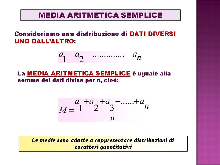MEDIA ARITMETICA SEMPLICE Consideriamo una distribuzione di DATI DIVERSI UNO DALL’ALTRO: La MEDIA ARITMETICA MEDIA ARITMETICA SEMPLICE Consideriamo una distribuzione di DATI DIVERSI UNO DALL’ALTRO: La MEDIA ARITMETICA