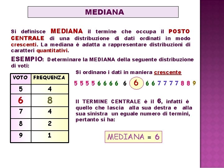 MEDIANA il termine che occupa il POSTO CENTRALE di una distribuzione di dati ordinati MEDIANA il termine che occupa il POSTO CENTRALE di una distribuzione di dati ordinati