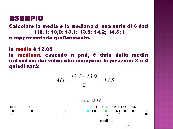ESEMPIO Calcolare la mediana di una serie di 6 dati (10, 1; 10, 8; ESEMPIO Calcolare la mediana di una serie di 6 dati (10, 1; 10, 8;