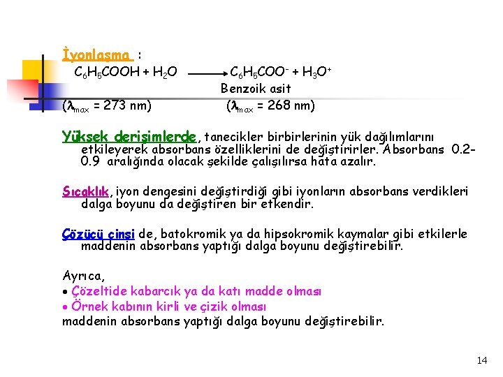 İyonlaşma : C 6 H 5 COOH + H 2 O ( max =