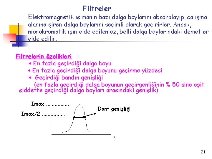 Filtreler Elektromagnetik ışımanın bazı dalga boylarını absorplayıp, çalışma alanına giren dalga boylarını seçimli olarak