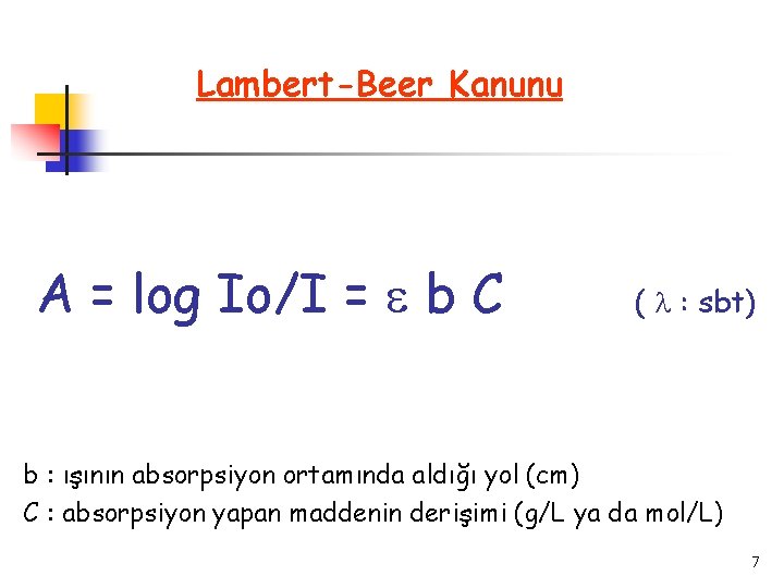 Lambert-Beer Kanunu A = log Io/I = b C ( : sbt) b :