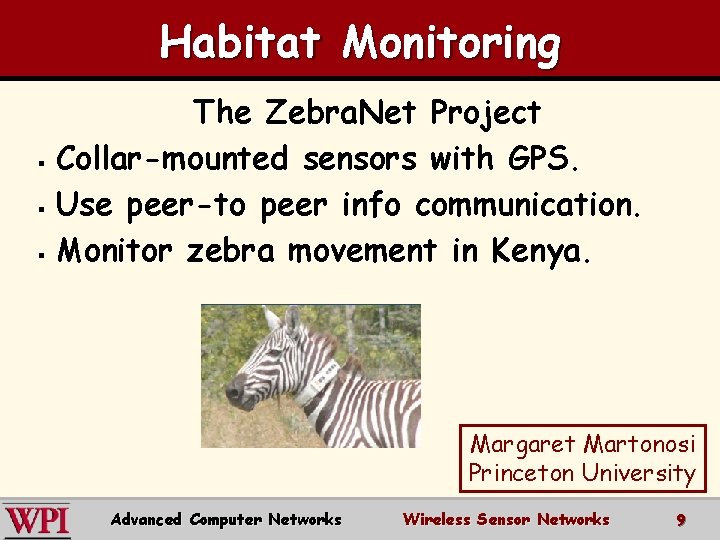 Habitat Monitoring The Zebra. Net Project § Collar-mounted sensors with GPS. § Use peer-to