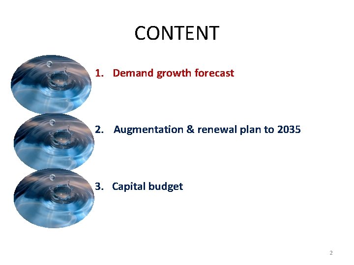 CONTENT 1. Demand growth forecast 2. Augmentation & renewal plan to 2035 3. Capital