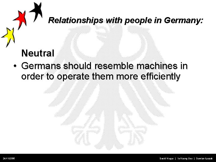 Relationships with people in Germany: Neutral • Germans should resemble machines in order to