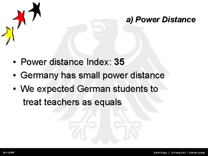 a) Power Distance • • • 24/11/2005 Power distance Index: 35 Germany has small