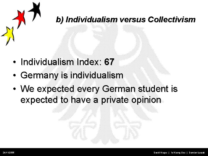 b) Individualism versus Collectivism • • • 24/11/2005 Individualism Index: 67 Germany is individualism