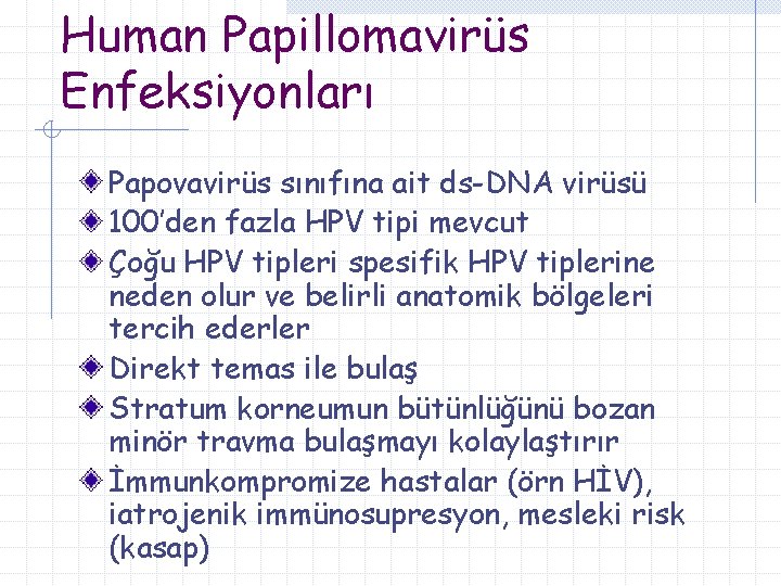 Human Papillomavirüs Enfeksiyonları Papovavirüs sınıfına ait ds-DNA virüsü 100’den fazla HPV tipi mevcut Çoğu
