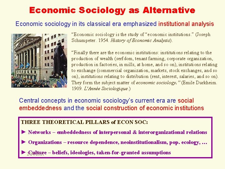 Economic Sociology as Alternative Economic sociology in its classical era emphasized institutional analysis “Economic