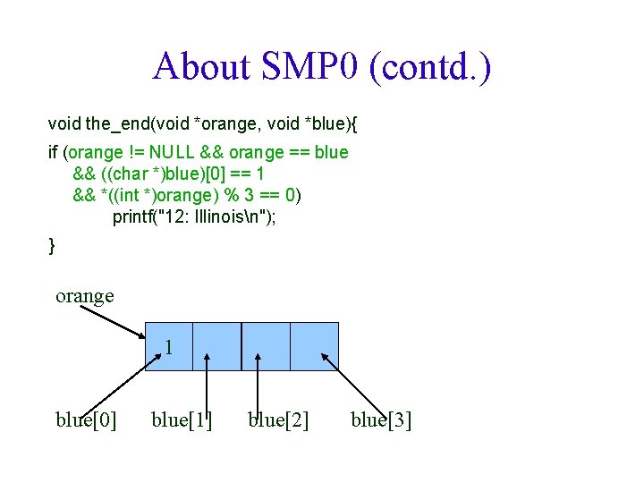 About SMP 0 (contd. ) void the_end(void *orange, void *blue){ if (orange != NULL