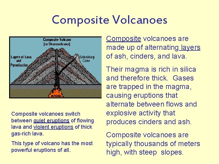 Composite Volcanoes Composite volcanoes are made up of alternating layers of ash, cinders, and