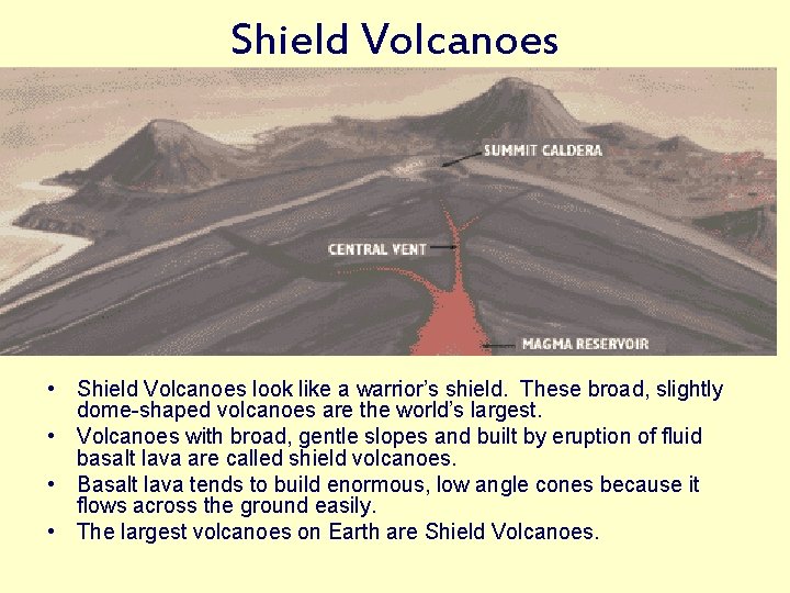 Shield Volcanoes • Shield Volcanoes look like a warrior’s shield. These broad, slightly dome-shaped