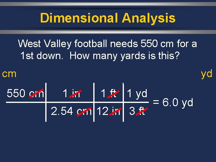 Dimensional Analysis West Valley football needs 550 cm for a 1 st down. How