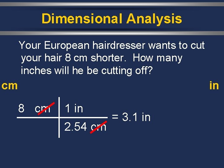 Dimensional Analysis Your European hairdresser wants to cut your hair 8 cm shorter. How