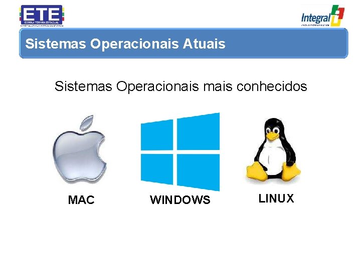 Sistemas Operacionais Atuais Sistemas Operacionais mais conhecidos MAC WINDOWS LINUX 